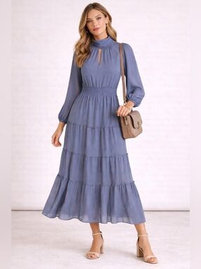 26. Halogen • NWT $109 USD Blue Long Sleeve Chiffon Midi Dress PTP 17”-20”